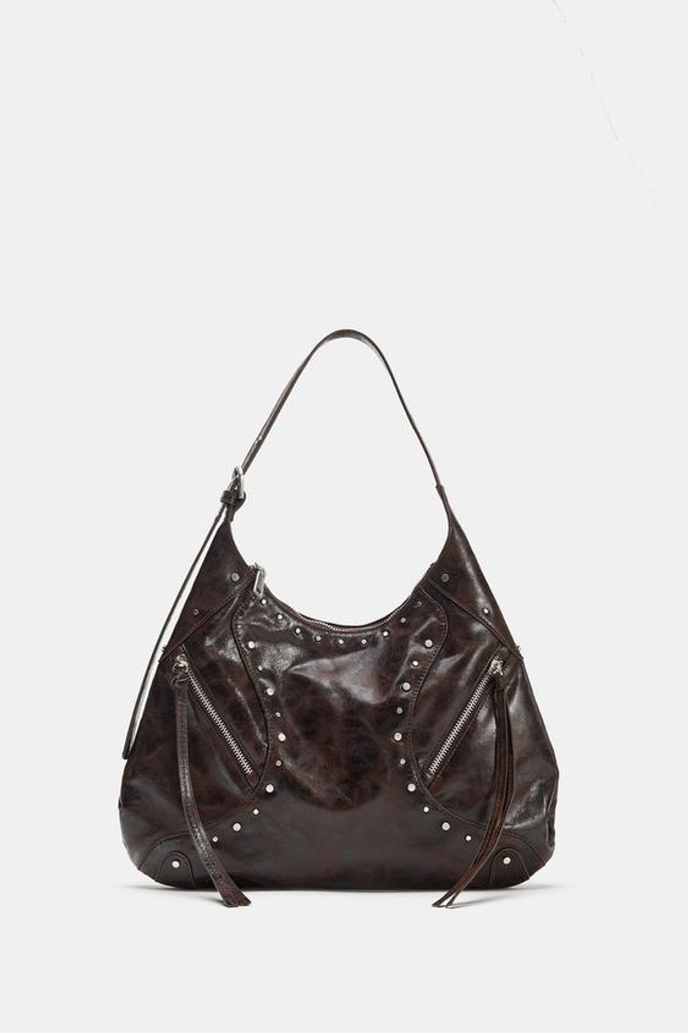 ZARA ПЛЕЧЕВАЯ СУМКА С ЗАКЛЕПКАМИ, ШОКОЛАДНЫЙ