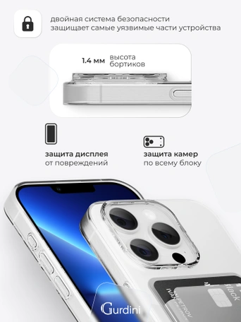 Чехол накладка iPhone 13 Pro Max 6.7" Gurdini силикон с отделением для карты прозрачный