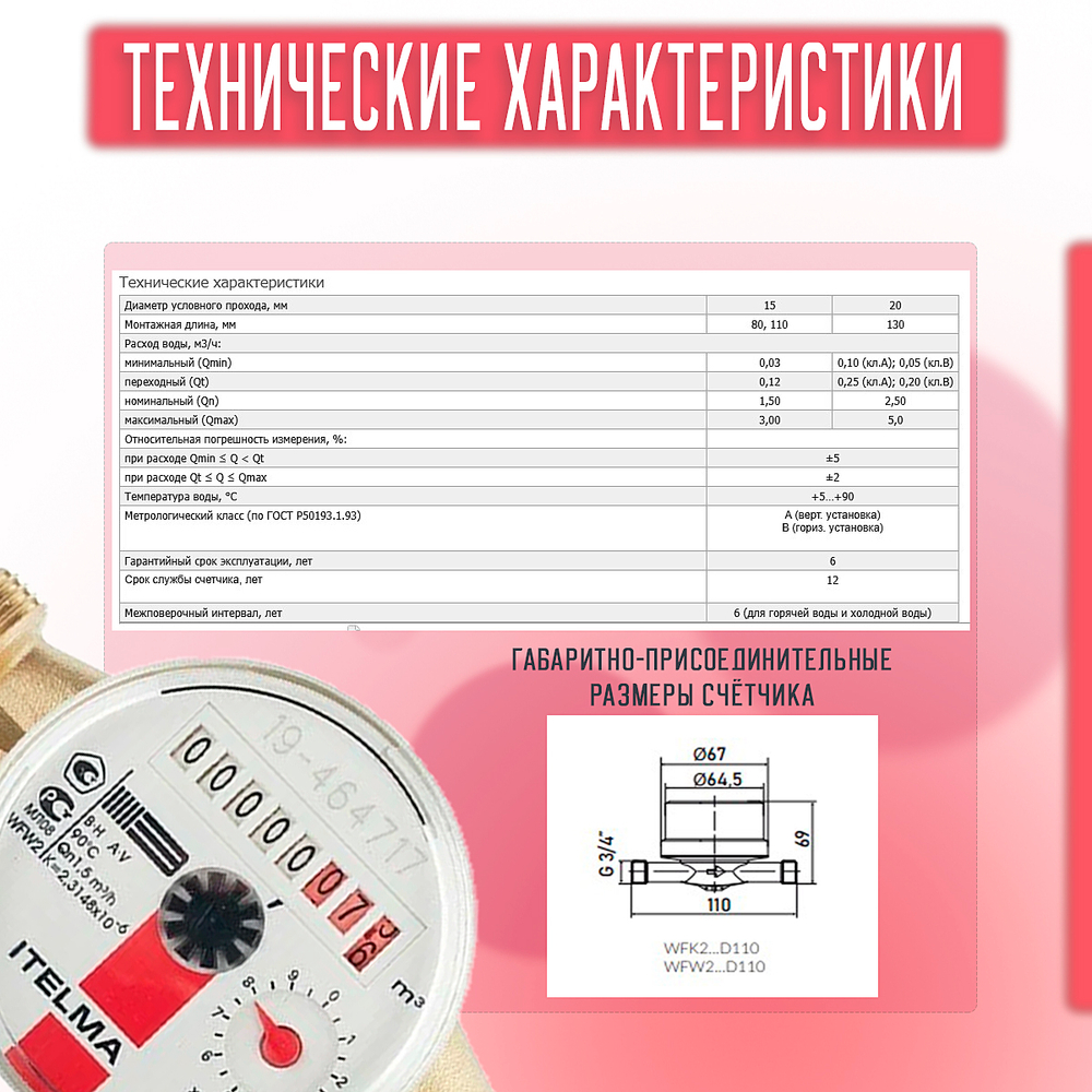Счетчик горячей воды ITELMA (Ду15мм, L110мм, Qном1,5 м3/ч)