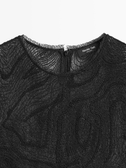 Massimo Dutti Полупрозрачной топ с вышивкой, черный