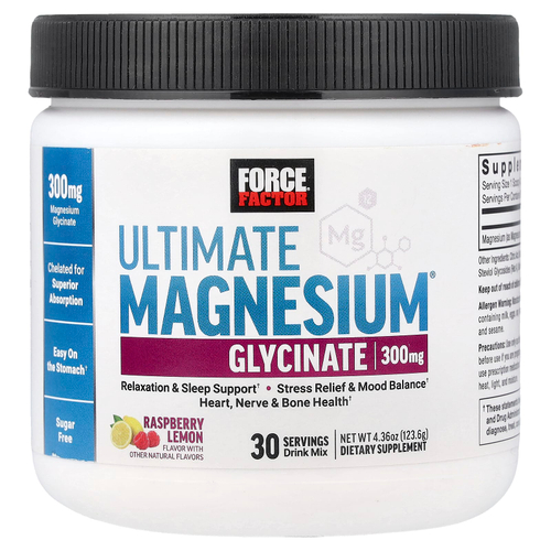 Force Factor, Ultimate Magnesium®, смесь для приготовления напитка с глицинатом магния, со вкусом малины и лимона, 123,6 г (4,36 унции)