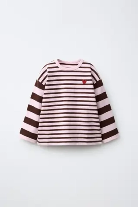 ZARA ЛОНГСЛИВ В ПОЛОСКУ С ВЫШИВКОЙ «СЕРДЦЕ», ШОКОЛАДНЫЙ