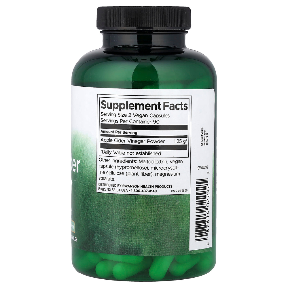 Swanson Vitamins, яблочный уксус, повышенная сила действия, 180 веганских капсул (625 мг в 1 капсуле)