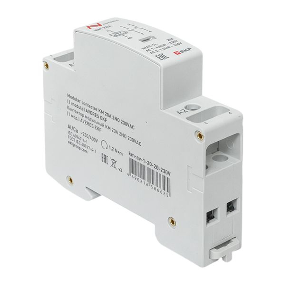 Контактор модульный КМ 20А 2NO 230В АС (1 мод.) AVERES EKF