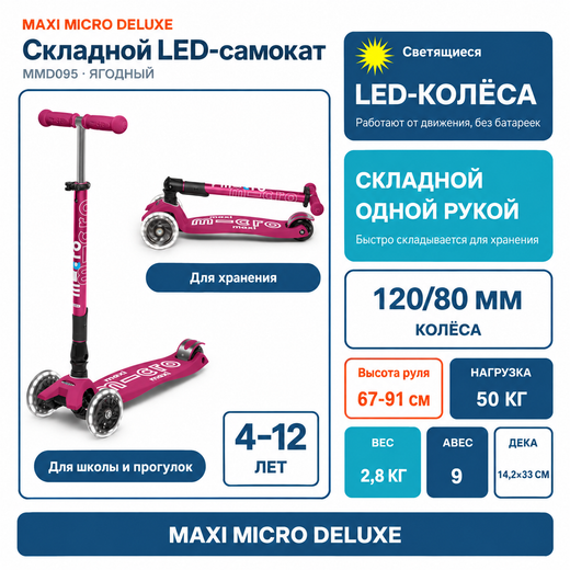 Самокат Maxi Micro Deluxe LED складной ягодный