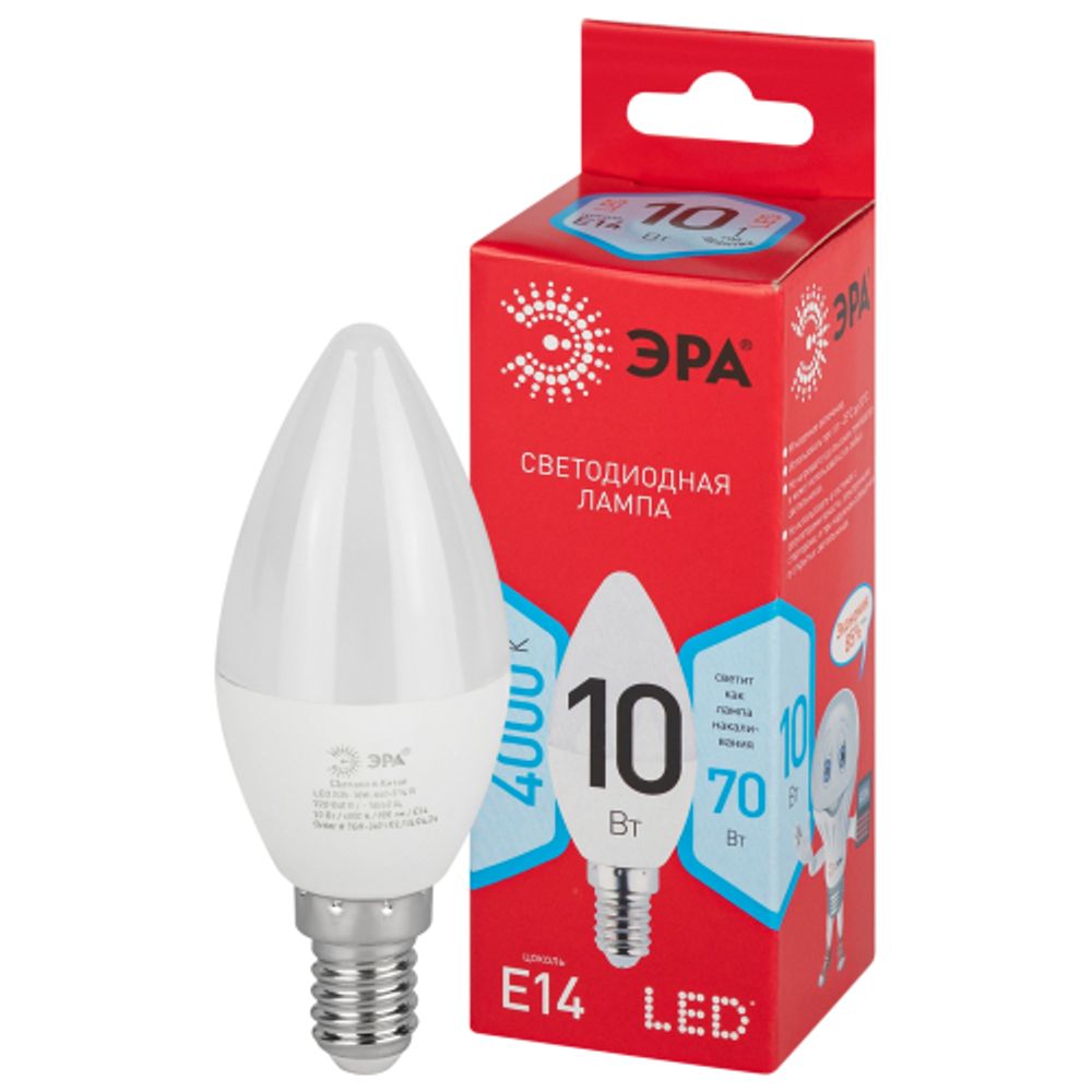 Лампа светодиодная ЭРА RED LINE LED B35-10W-840-E14 R 10Вт свеча нейтральный белый свет Е14 | Лампы cветодиодные Свеча (B/C)