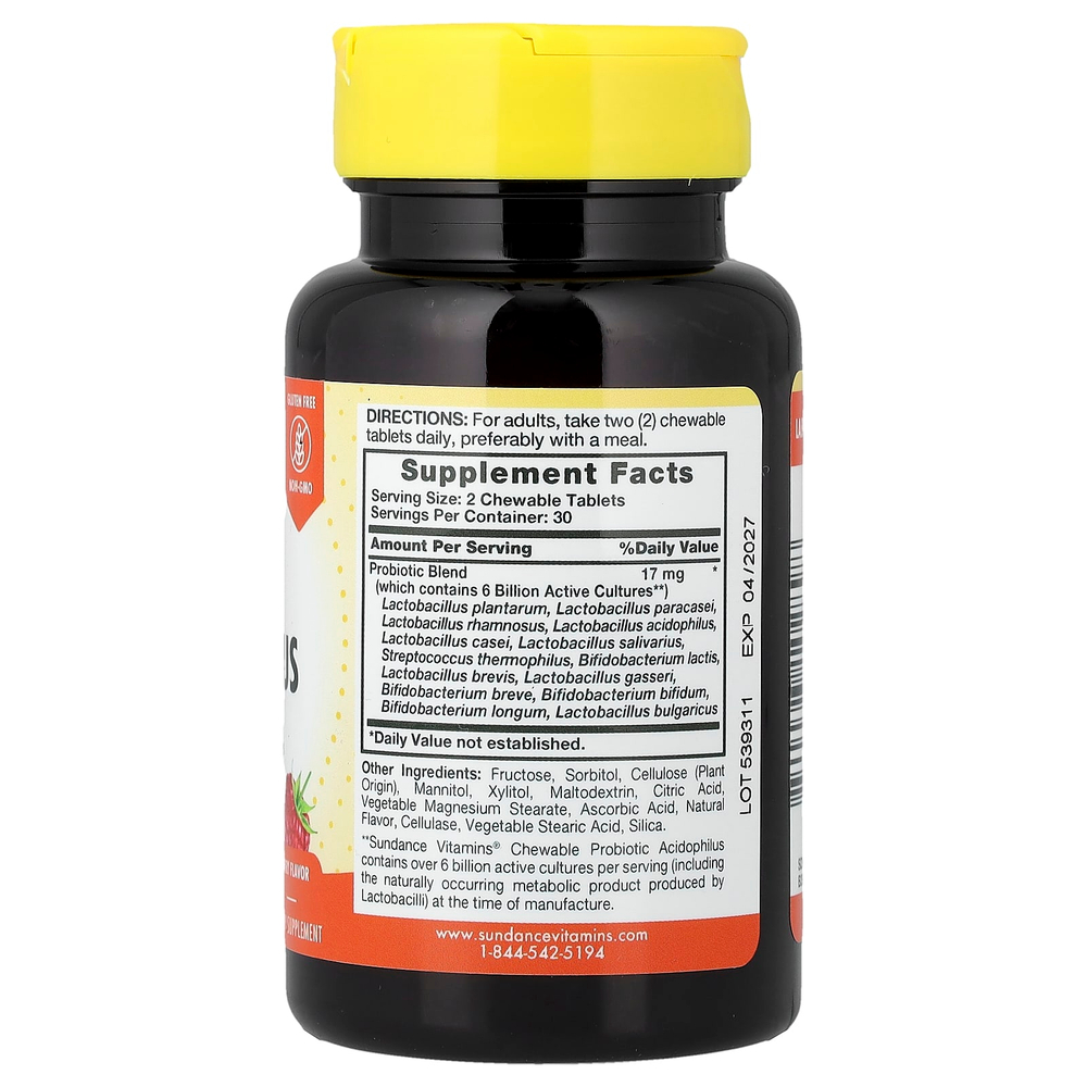 Sundance Vitamins, ацидофильные пробиотики, жевательные, с ягодным вкусом, 60 жевательных таблеток (8,5 мг в 1 таблетке)