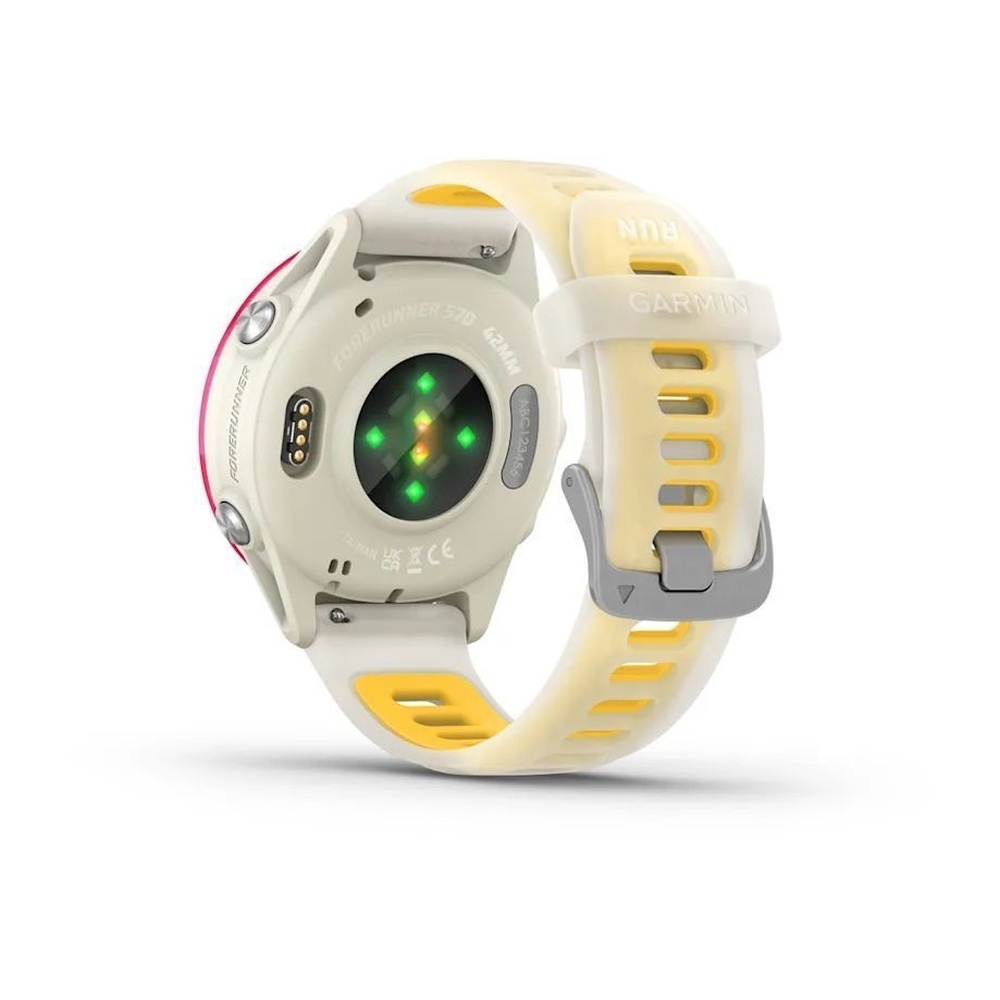 Смарт часы Garmin Forerunner 570 - 42мм, слоновая кость, алюминиевый безель малинового цвета, ремешок манго/слоновая кость