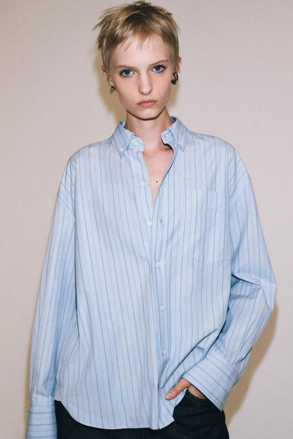 ZARA РУБАШКА OXFORD В ПОЛОСКУ — ZW COLLECTION, НЕБЕСНО-ГОЛУБОЙ