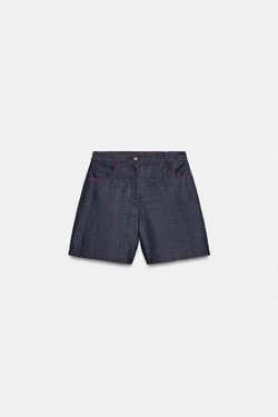 ZARA ЛЬНЯНЫЕ ШОРТЫ С КОНТРАСТНОЙ СТРОЧКОЙ, ИНДИГО