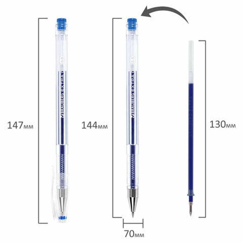 Ручка гелевая BRAUBERG "EXTRA", 1шт, СИНЯЯ, корпус прозрачный, узел 0,5 мм, линия 0,35 мм, 143902