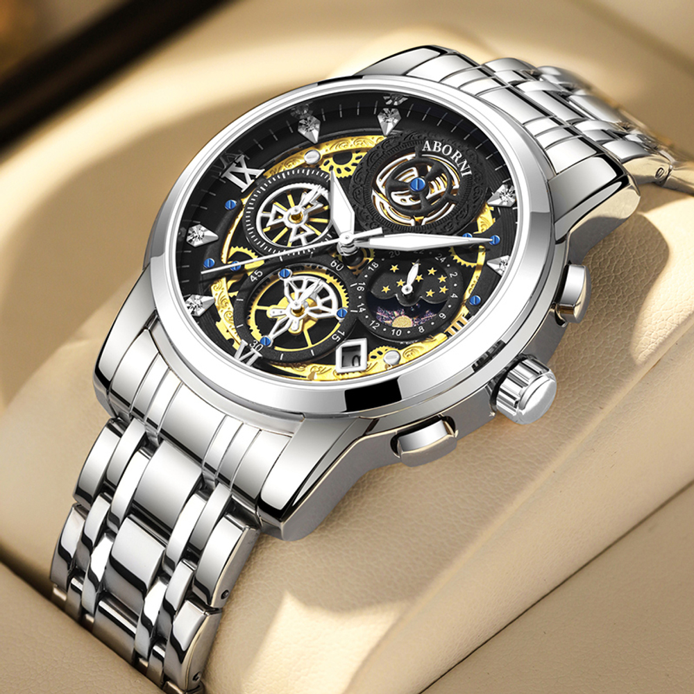 ABORNI Quartz Movement Stainless Steel Watchband Watch Men"s Watches Black Dial