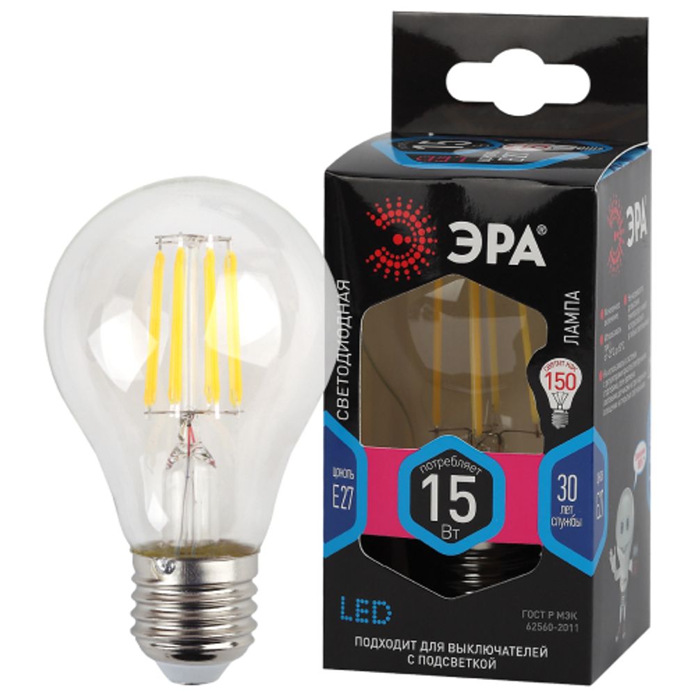 Лампа светодиодная ЭРА F-LED A60-15W-840-E27 15Вт филамент груша нейтральный белый свет E27 | Филаментные декоративные