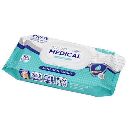 Антисептические салфетки влажные 50 штук SMART MEDICAL, без спирта, крышка-клапан, 72034