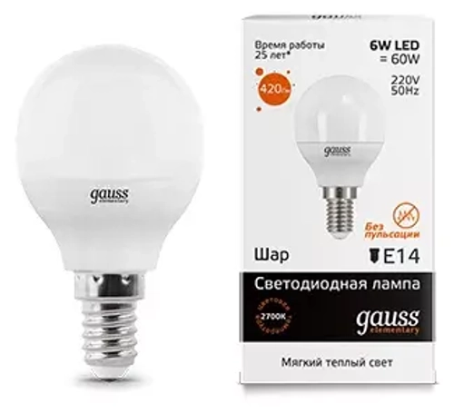 Лампа Gauss LED Elementary Шар 6W E14 420lm 2700K 53116
