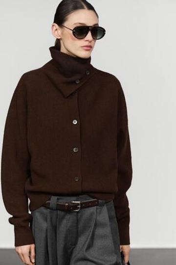 Massimo Dutti Кардиган из двухизнаночного трикотажа с воротником-трубой, шоколадный
