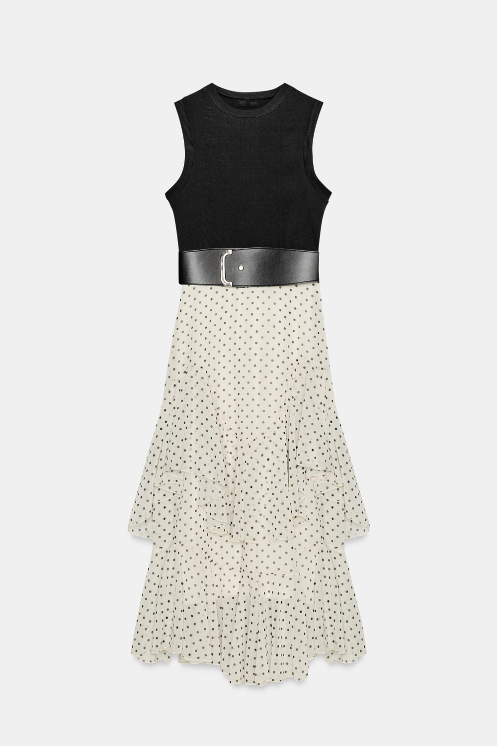 ZARA ПЛАТЬЕ В ГОРОШЕК С ВОЛАНАМИ И ПОЯСОМ, БЕЛЫЙ/ЧЕРНЫЙ
