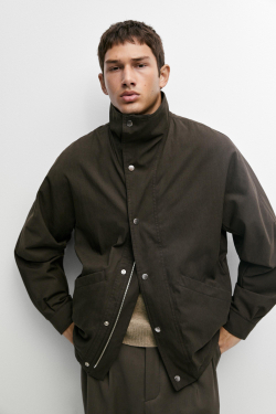 Massimo Dutti Куртка с воротником-стойкой из смесовой хлопковой ткани, коричневый меланж