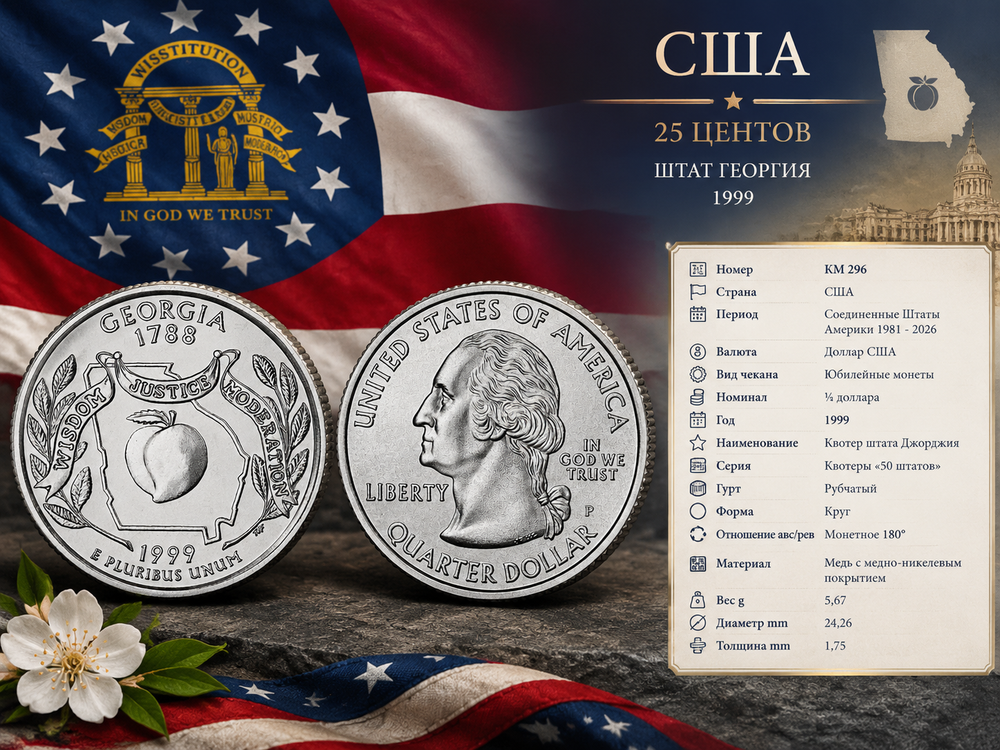 США 25 центов, 1999 D Штат Джорджия UNC
