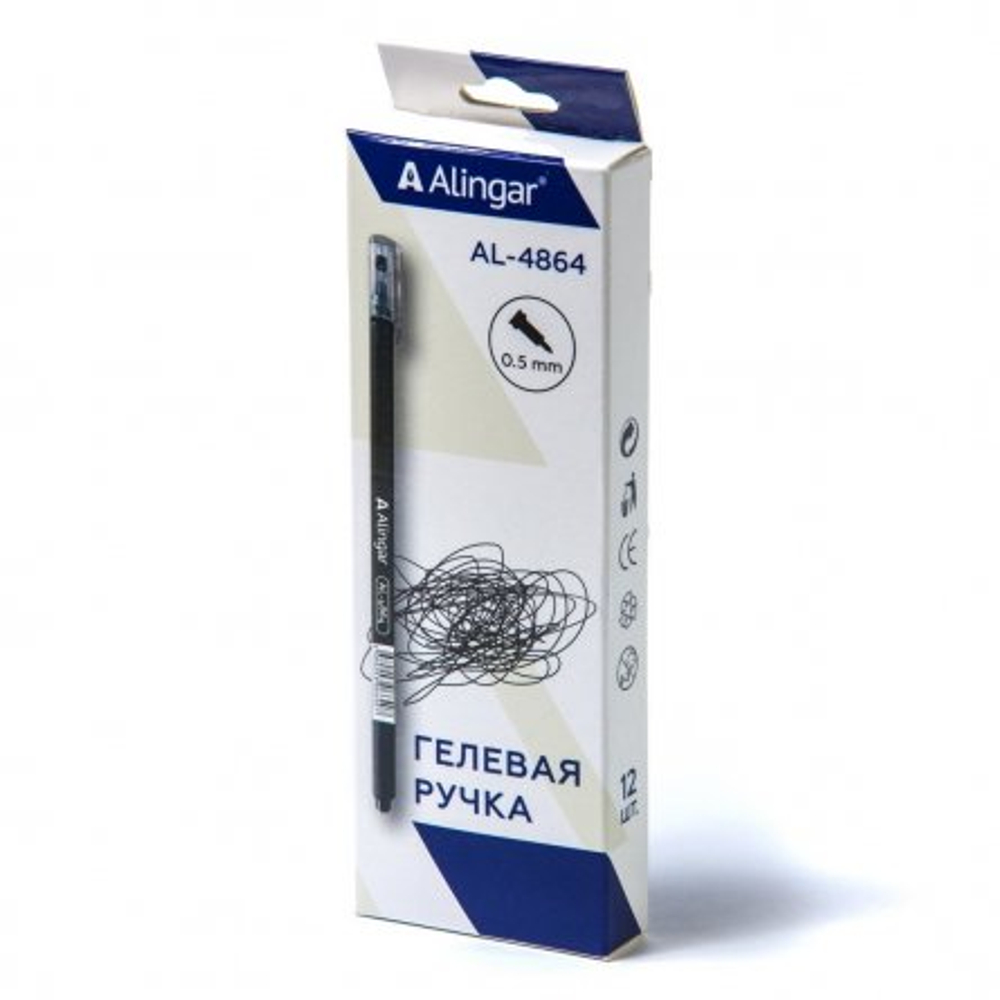 Ручка гелевая Alingar, "Neo", 0,5 мм, черная, игольчатый наконечник. 12 шт. в упаковке.