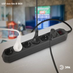Сетевой фильтр ЭРА USF-6es-5m-B с базовой защитой с заземлением с выключателем 6 розеток 5м 10А черный | Электротовары