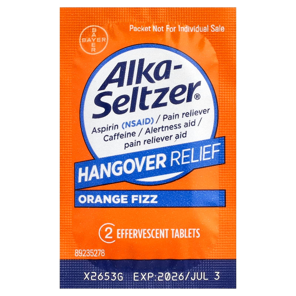 Alka-Seltzer, От похмелья, апельсиновая шипучка, 10 пакетиков, по 2 шипучие таблетки