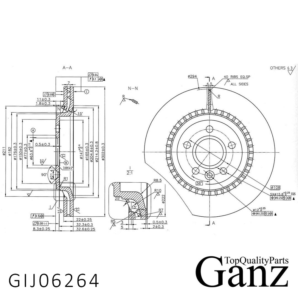 Диск тормозной задний с покрытием VOLVO S60 II/S80 II/XC70 II all 06 /Vent D=302mm GANZ GIJ06264