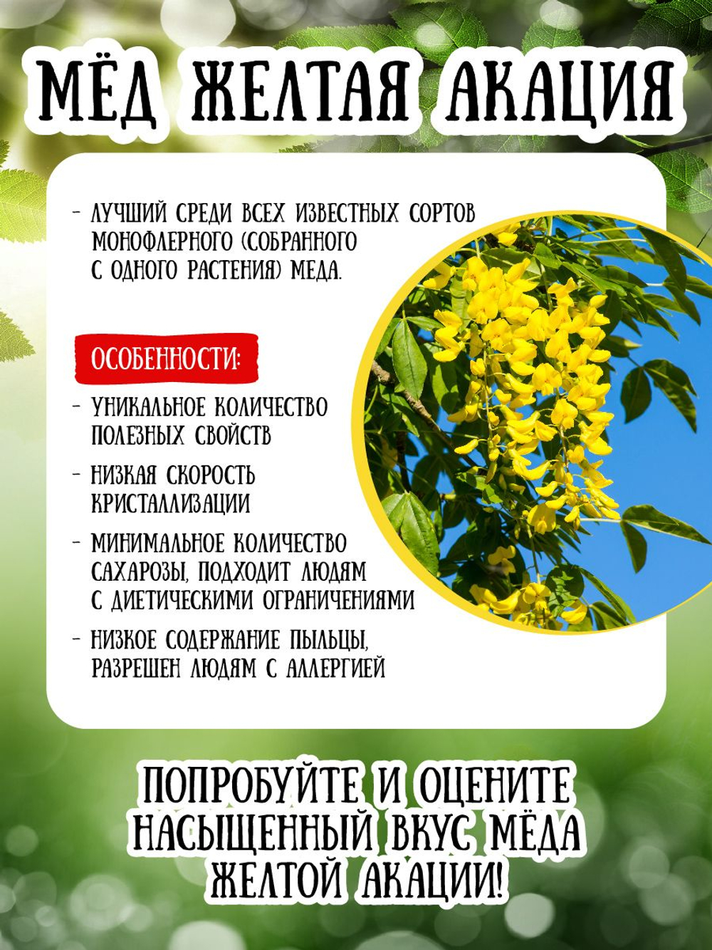 Мёд натуральный желтая акация набор (4 банки по 1700 г), 6800 г
