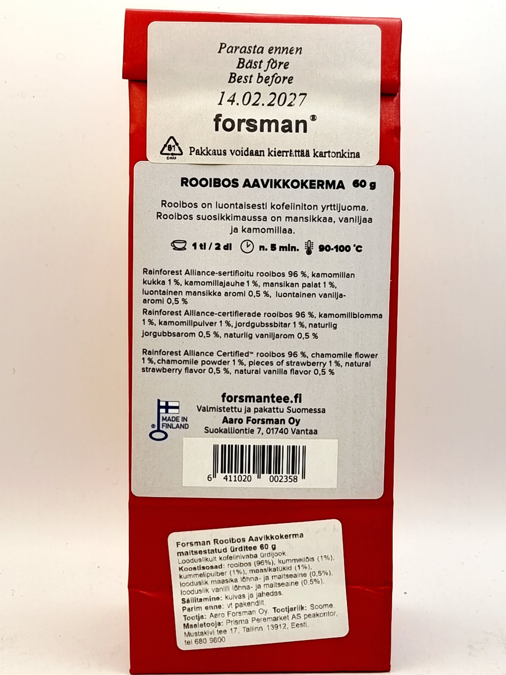 FORSMAN Чай ройбуш Aavikkokerma Крем десерт (клубника, ваниль, ромашка) 60 г (из Финляндии)