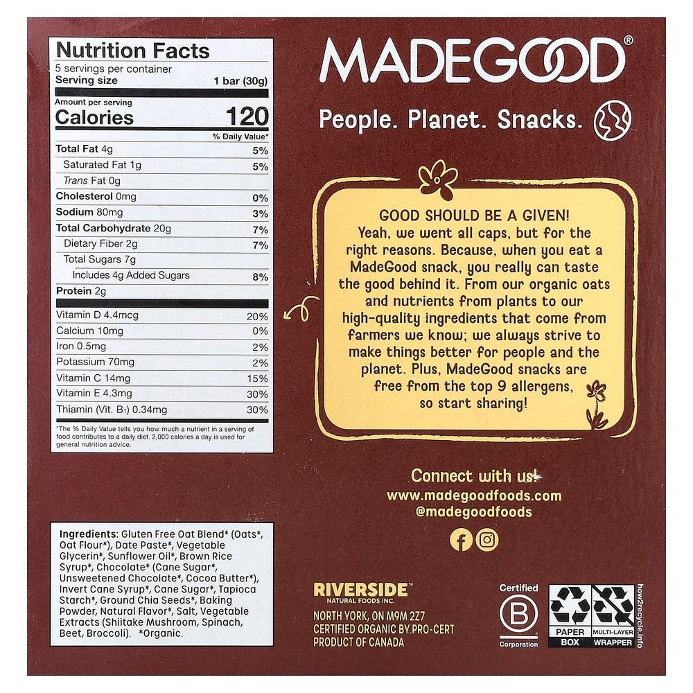 MadeGood, Mornings™, органические запеченные овсяные батончики, с шоколадной крошкой, 5 батончиков по 30 г