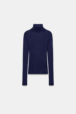 ZARA ФУТБОЛКА SUPIMA® С ВОРОТНИКОМ-СТОЙКОЙ, МОРСКОЙ СИНИЙ