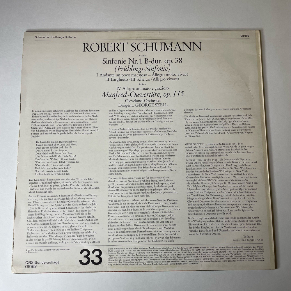 Винтажная виниловая пластинка LP Schumann Шуман, Cleveland Orchester, George Szell, Fruhlingssinfonie, Manfred Ouverture Увертюра Манфред (Германия 1971)