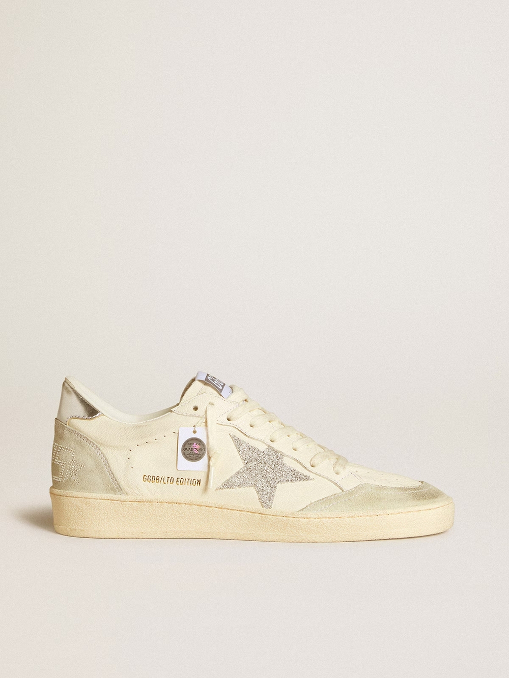 Ball Star with silver Swarovski micro-crystal star and metallic silver leather heel tab