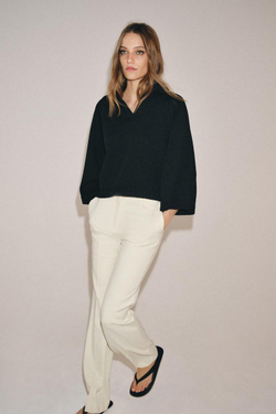 ZARA ТРИКОТАЖНЫЙ СВИТЕР С ВОРОТНИКОМ ПОЛО, ЧЕРНЫЙ