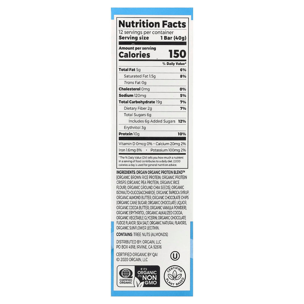 Orgain, Protein Snack Bar, шоколадный брауни, 12 батончиков по 40 г (1,41 унции)