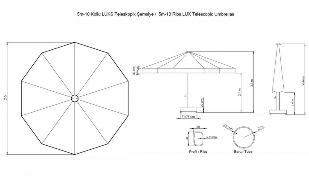 Зонт профессиональный Ø5 м Theumbrela Semsiye Evi Lux Telescopic