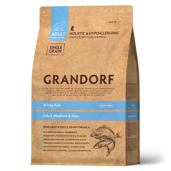 Сухой корм Grandorf DOG White Fish MED&MAXI для взрослых собак средних и крупных пород с белой рыбой