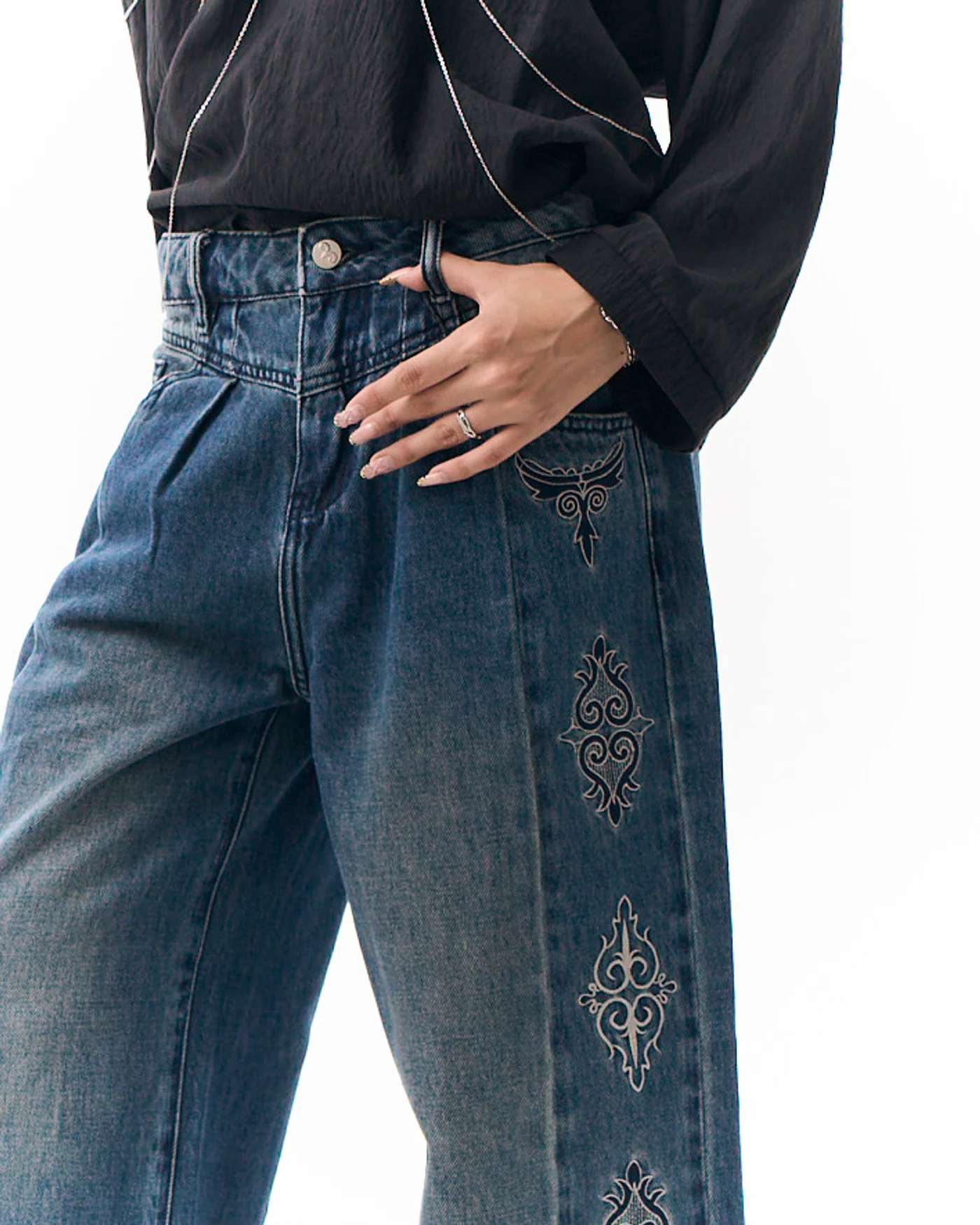 Dark Indigo Blue Jeans with Vertical Embroidery