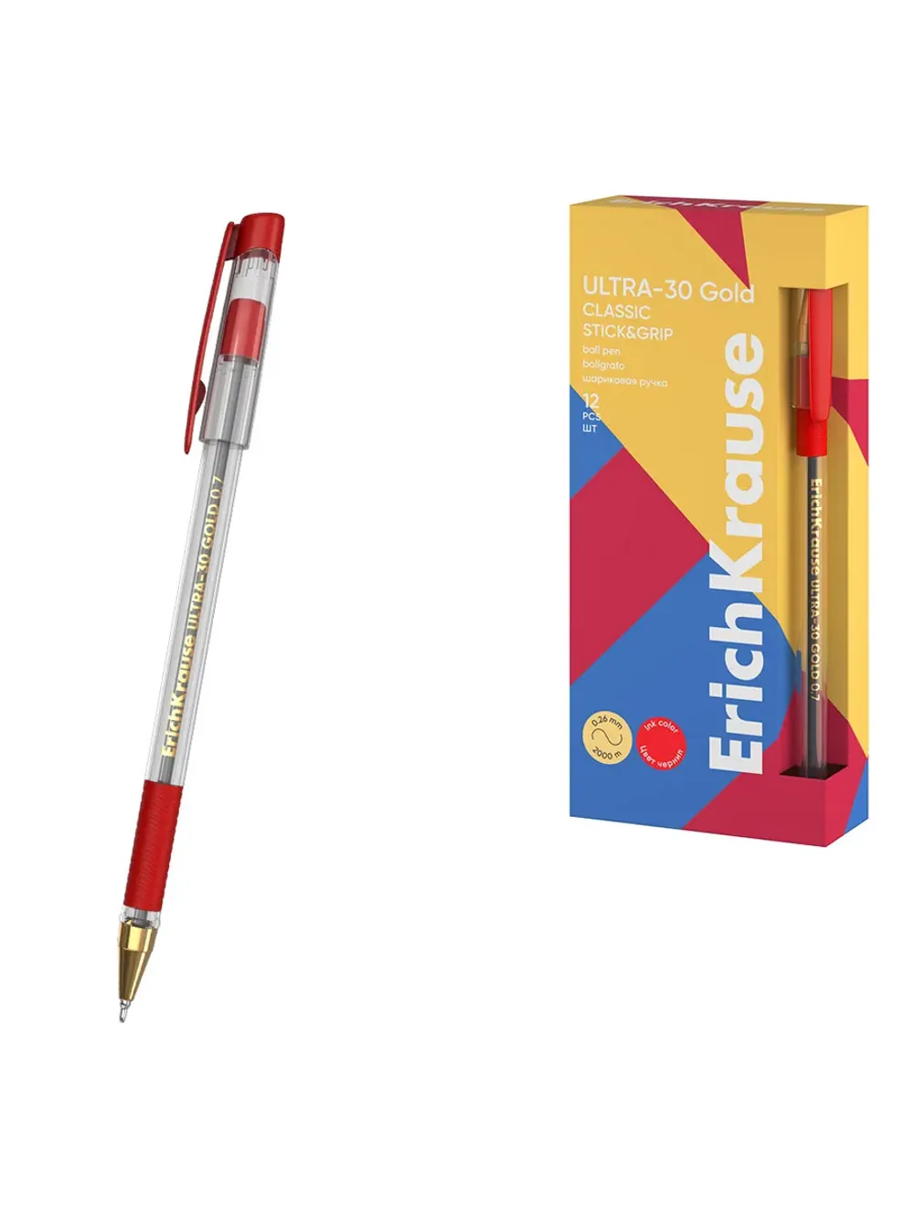 Ручка шариковая ErichKrause L-30 Gold Stick&Grip Classic 0.7, Super Glide Technology, цвет чернил красный (в коробке по 12 шт.) Арт. 61043