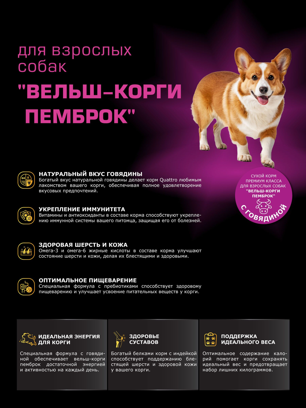 Корм для взрослых собак породы Вельш-корги пемброк, с говядиной, 12 кг, QUATTRO