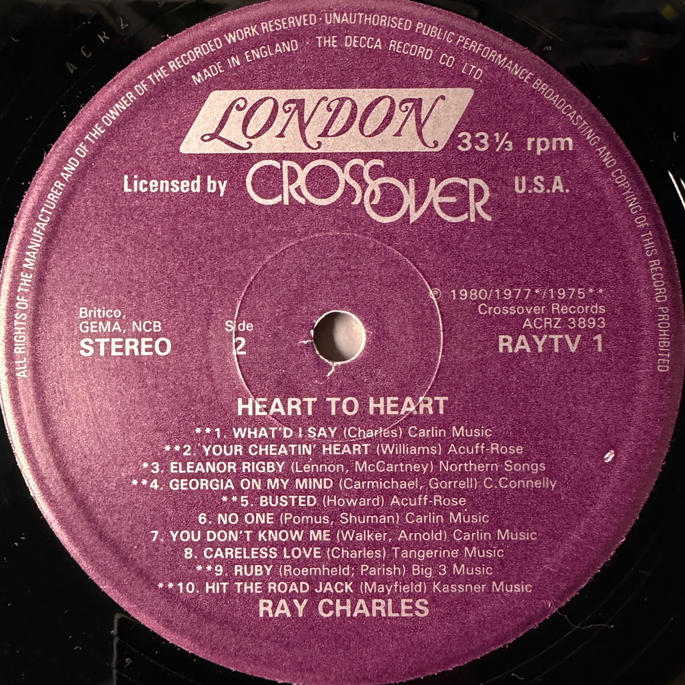 Ray Charles ‎– Heart To Heart (His 20 Hottest Hits) Англия 1980г.