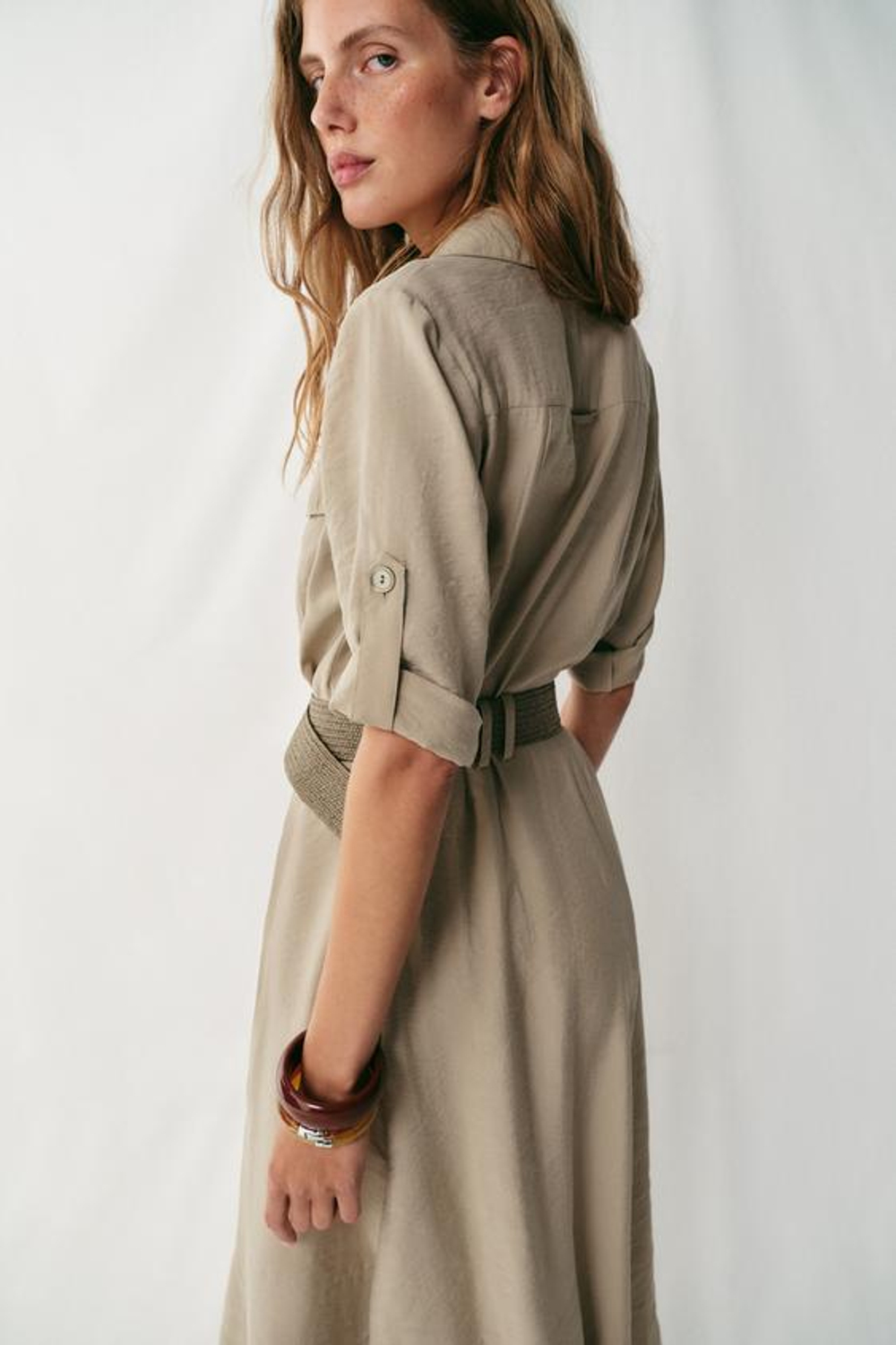 ZARA ПЛАТЬЕ-РУБАШКА МИДИ С РЕМНЕМ, РЫЖЕВАТО-КОРИЧНЕВЫЙ
