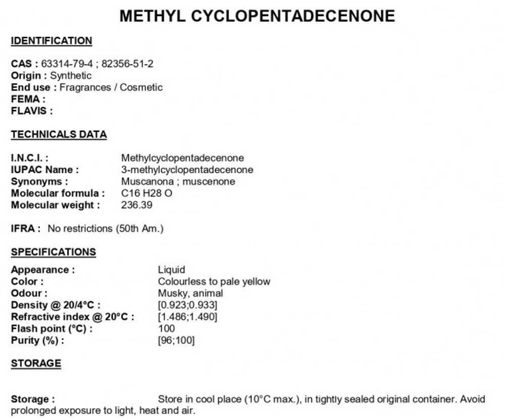 METHYL CYCLOPENTADECENONE ( MUSCENONE ) / МУСЦЕНОН CAS 63314-79-4 ; 82356-51-2