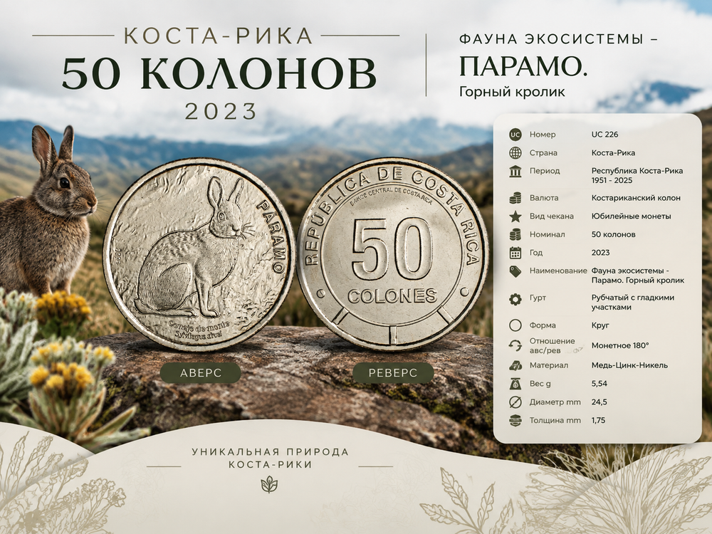 Коста-Рика 50 колонов, 2023 Фауна экосистемы - Парамо. Горный кролик UNC