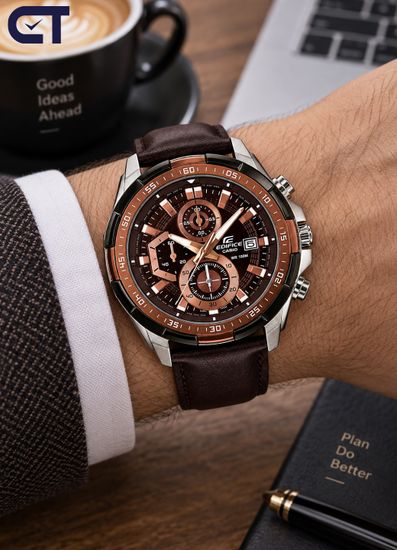 CASIO EFR-539L-5AVUDF EDIFICE мужские наручные часы — хронограф на кожаном ремешке с коричневым циферблатом