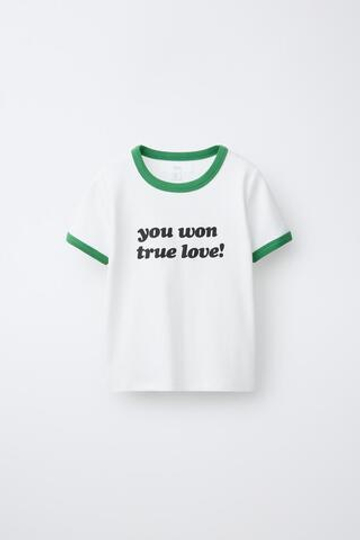 ZARA ФУТБОЛКА В РУБЧИК С КОНТРАСТНЫМ ТЕКСТОМ, ЦВЕТ МОРСКОЙ ВОЛНЫ