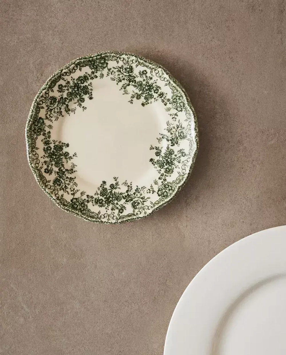 ZARA HOME ФАЯНСОВАЯ ТАРЕЛКА ДЛЯ ХЛЕБА С ЦВЕТОЧНЫМ УЗОРОМ, ОЛИВКОВЫЙ