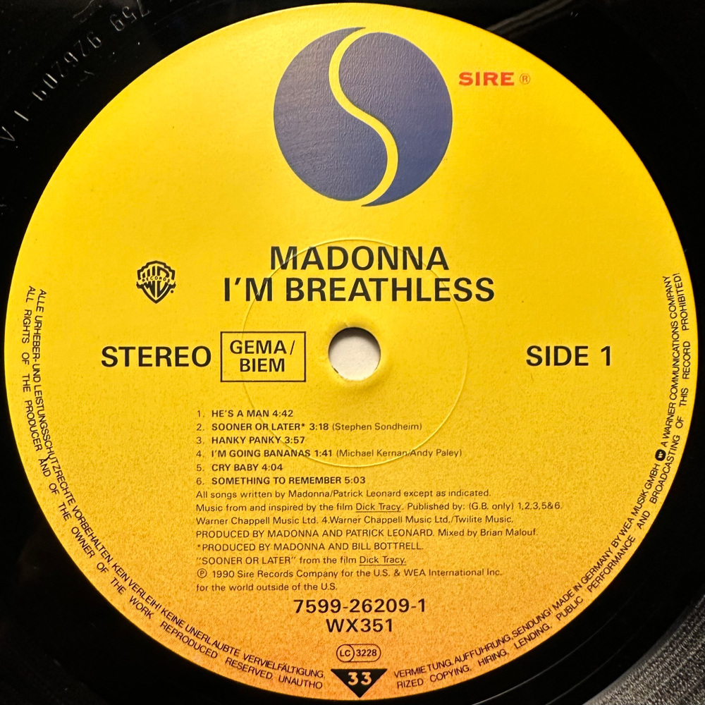 Madonna - I'm Breathless (Music From And Inspired By The Film Dick Tracy) Германия 1990г.