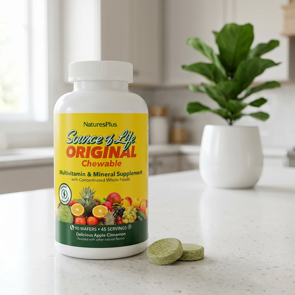 NaturesPlus, Source of Life®, оригинальная жевательная добавка с мультивитаминами и минералами, вкусное яблоко и корица, 90 жевательных таблеток