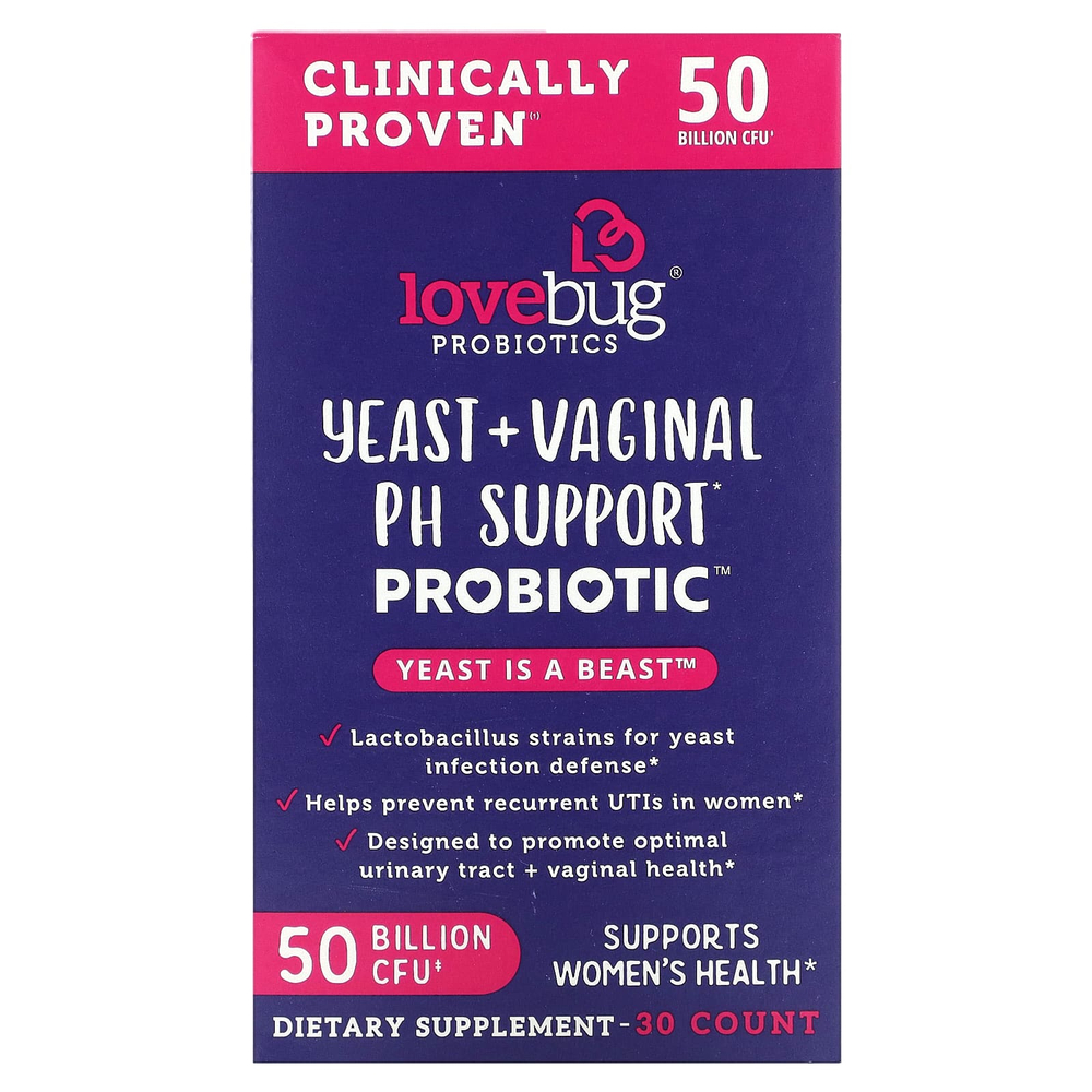 LoveBug Probiotics, дрожжи и пробиотик для поддержки уровня pH влагалища, 50 млрд КОЕ, 30 капсул